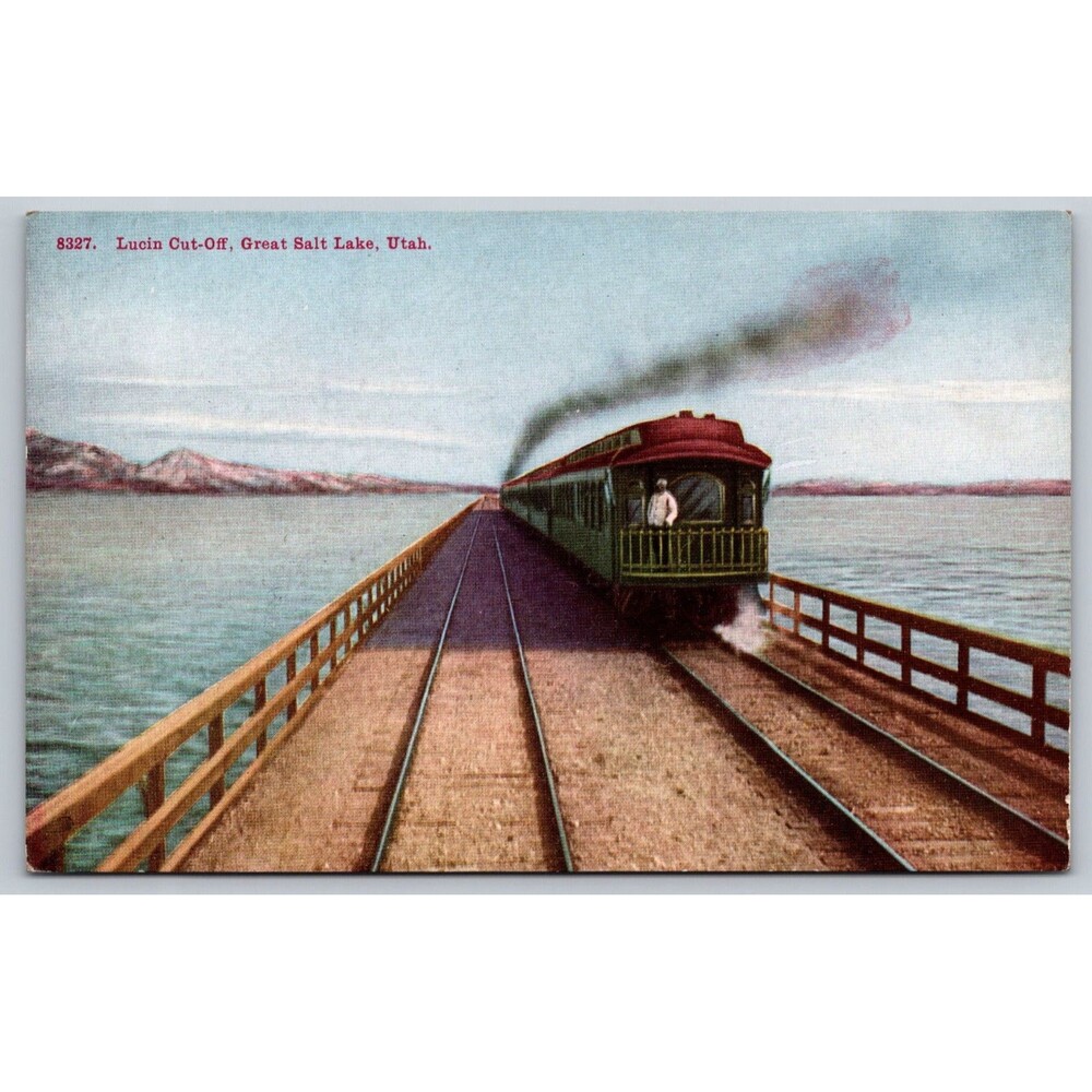 Vtg Postcard 8327 Lucin Cut-Off Great Salt Lake Utah Train Railroad DB Unposted